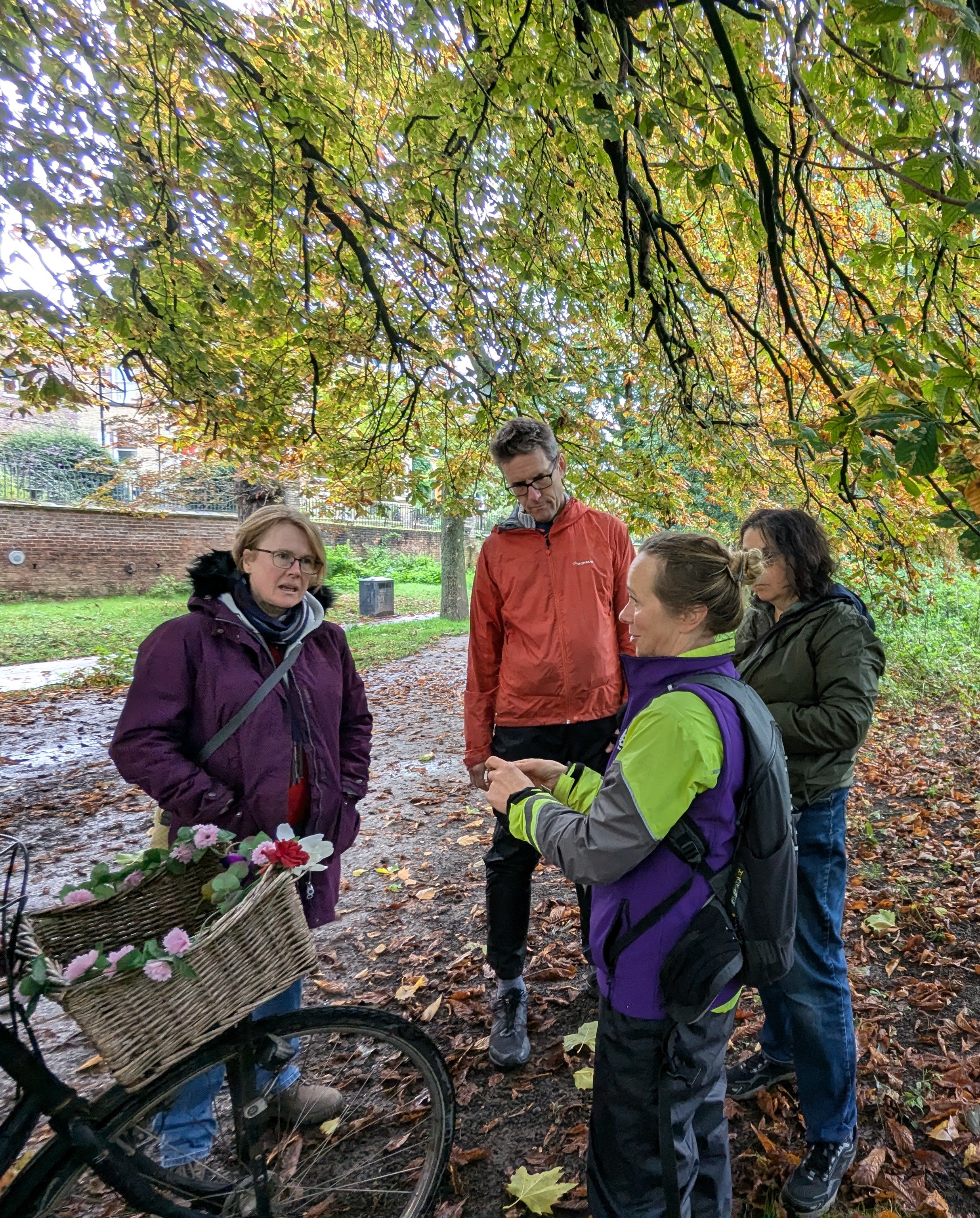 Group stand under tree chatting
